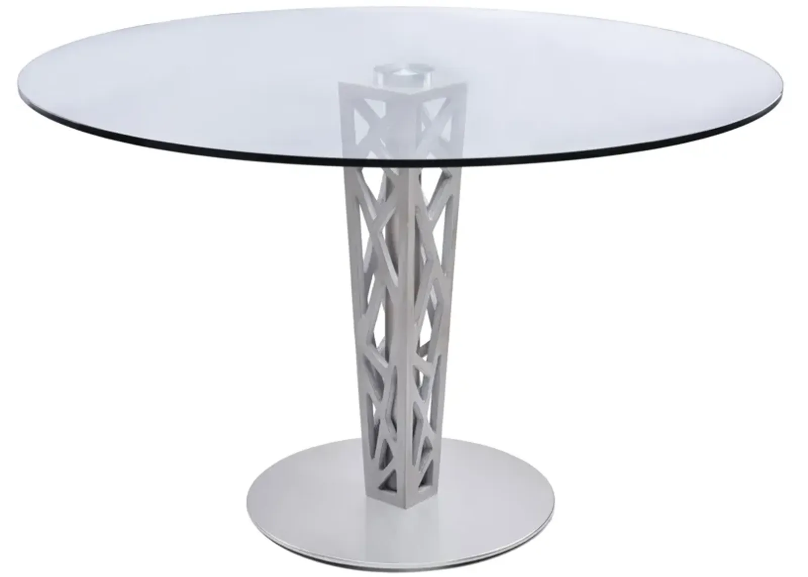 Crystal 48" Round Dining Table in Gray Walnut Veneer column and Brushed Stainless Steel finish with Clear Tempered Glass Top