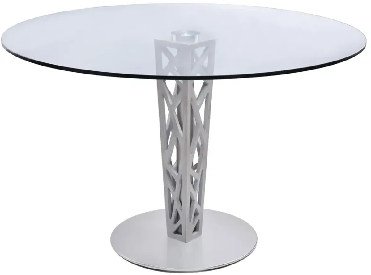 Crystal 48" Round Dining Table in Gray Walnut Veneer column and Brushed Stainless Steel finish with Clear Tempered Glass Top