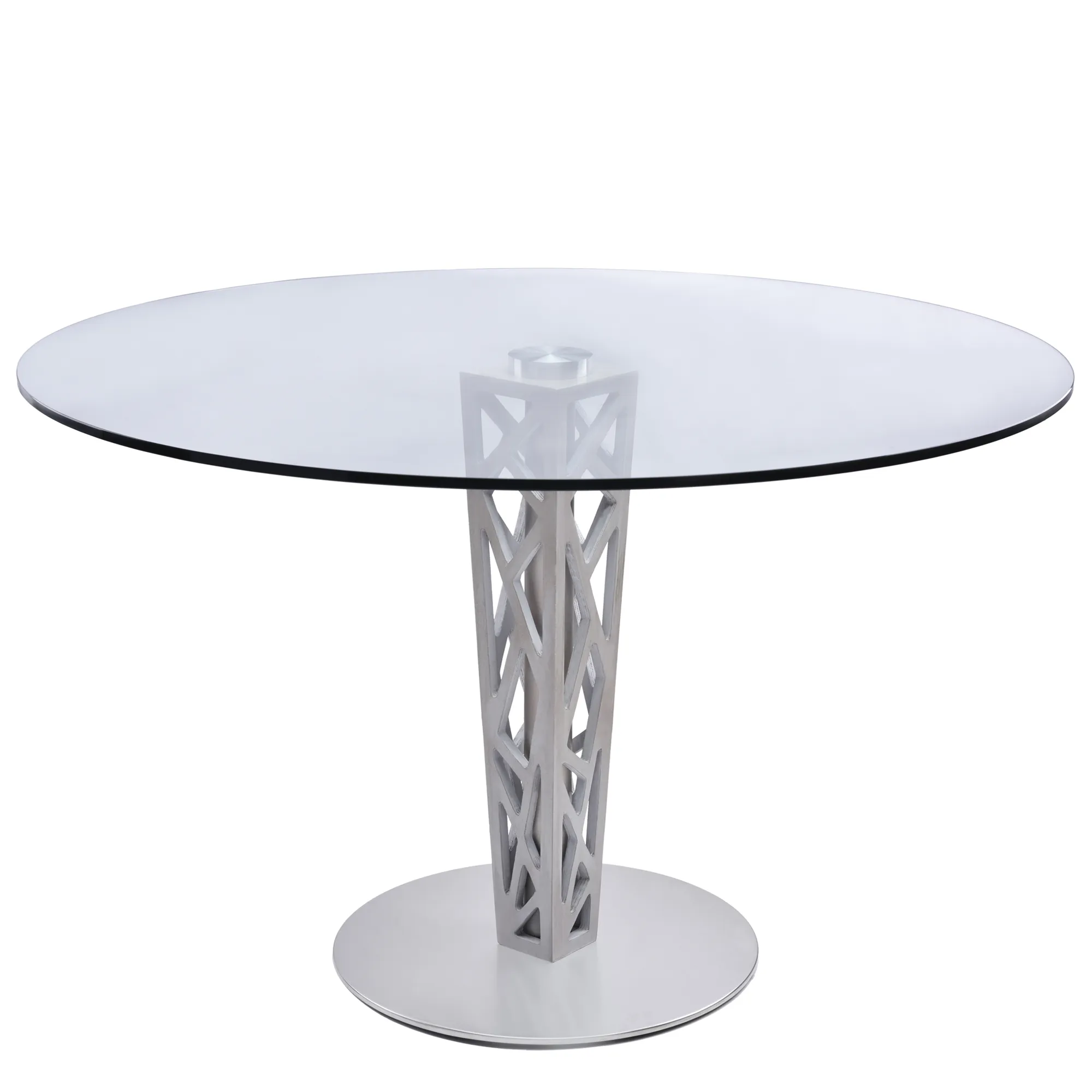 Crystal 48" Round Dining Table in Gray Walnut Veneer column and Brushed Stainless Steel finish with Clear Tempered Glass Top