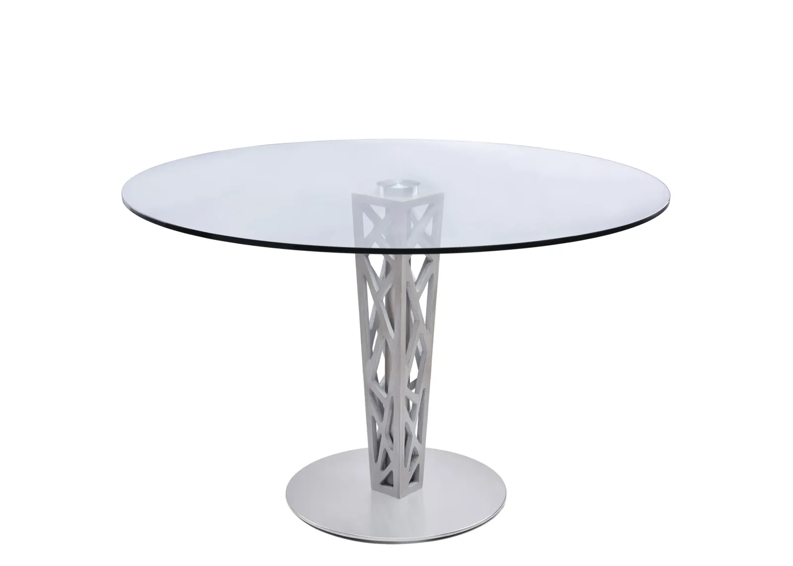 Crystal 48" Round Dining Table in Gray Walnut Veneer column and Brushed Stainless Steel finish with Clear Tempered Glass Top