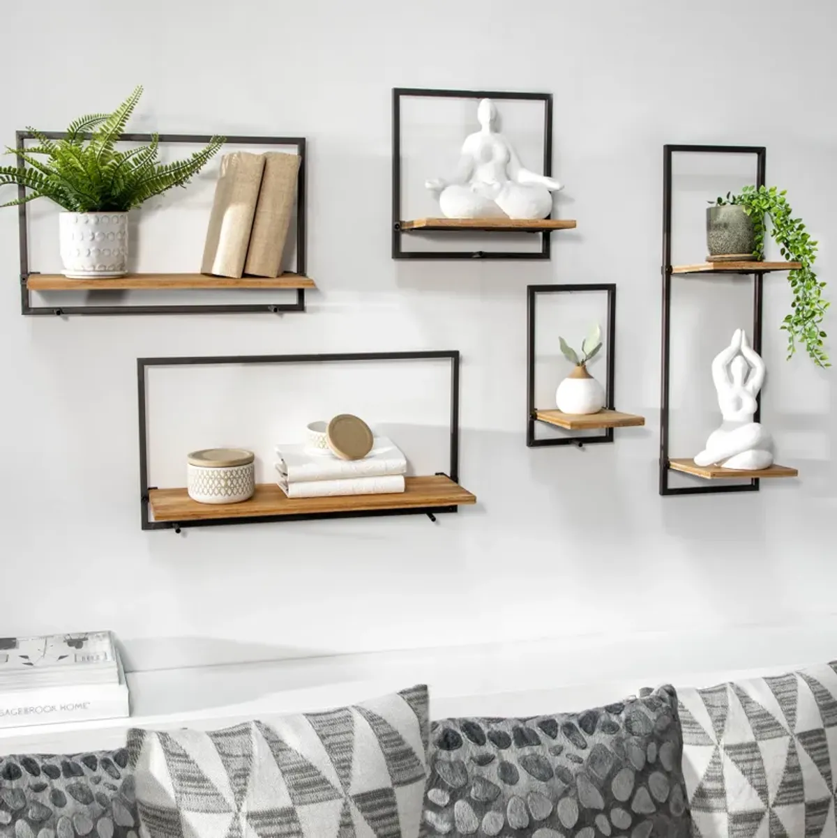 Wood and Metal Wall Shelves - Set of 5