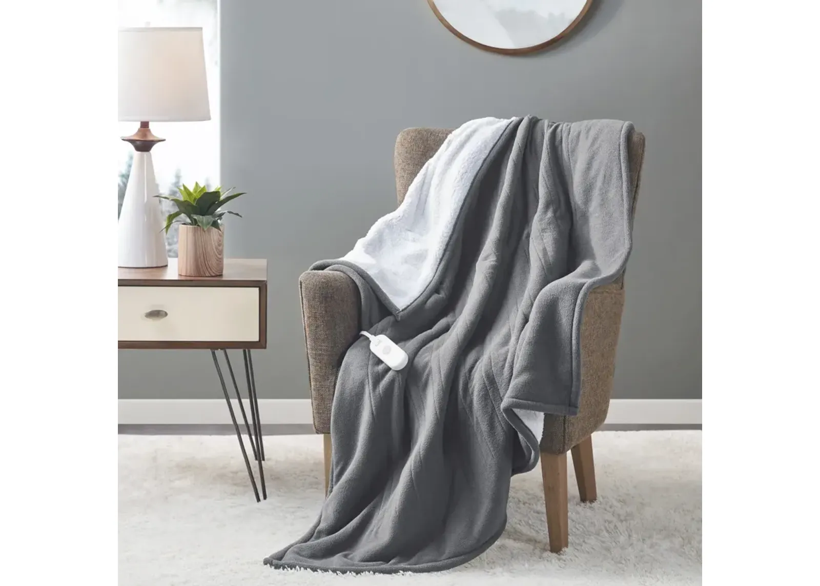 Serta Fleece to Sherpa Dark Grey Heated Throw