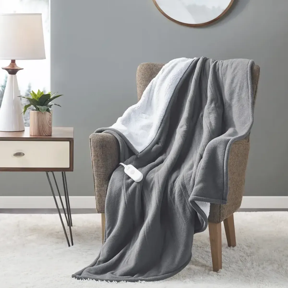 Serta Fleece to Sherpa Dark Grey Heated Throw