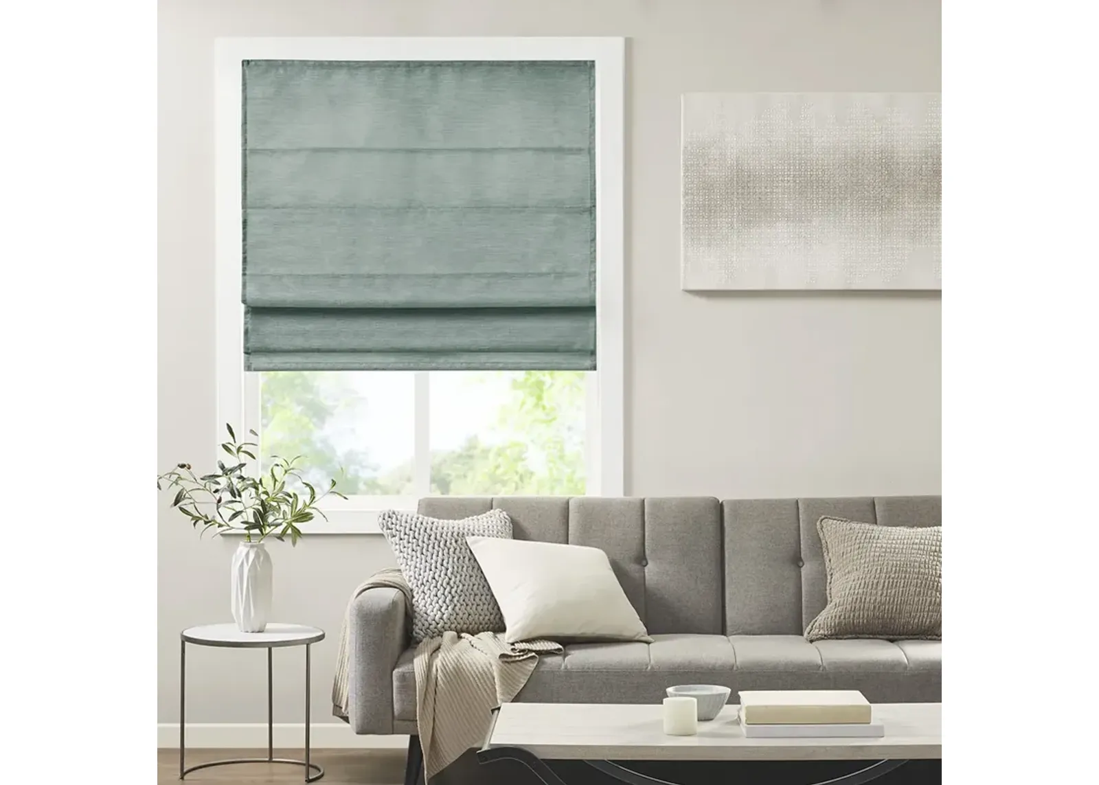 Madison Park Como Green Printed Faux Silk Room Darkening Cordless Roman Shade