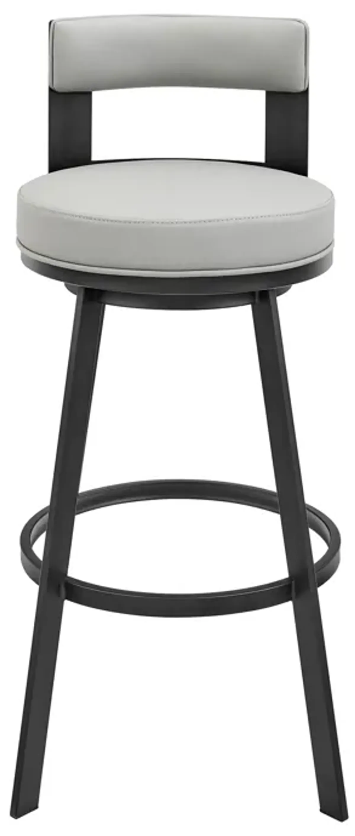 Lynof Swivel Counter Stool in Black Metal with Light Gray Faux Leather