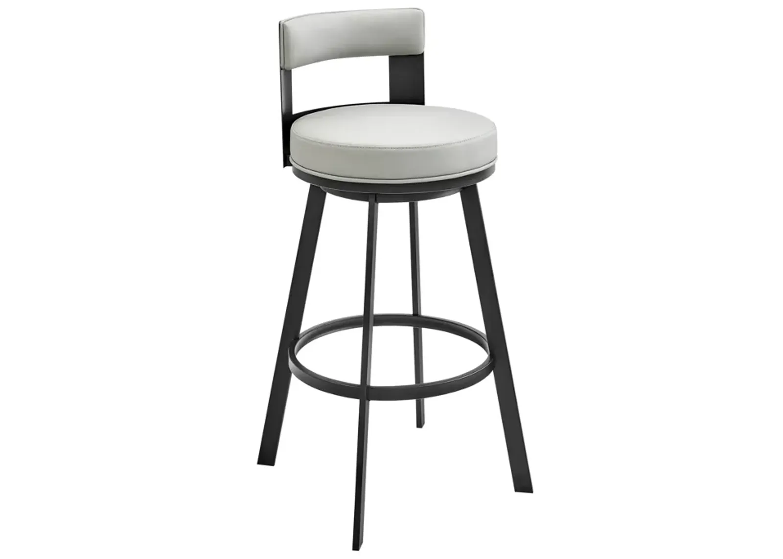 Lynof Swivel Counter Stool in Black Metal with Light Gray Faux Leather