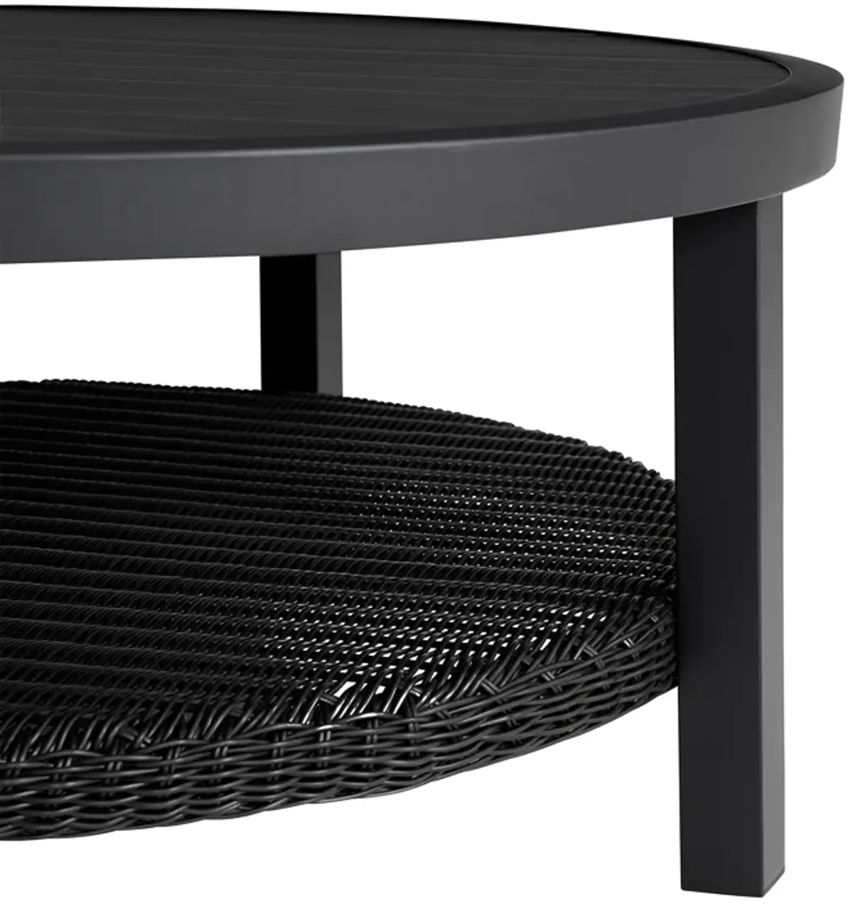 Grand Black Aluminum Outdoor Round Conversation Table with Wicker Shelf