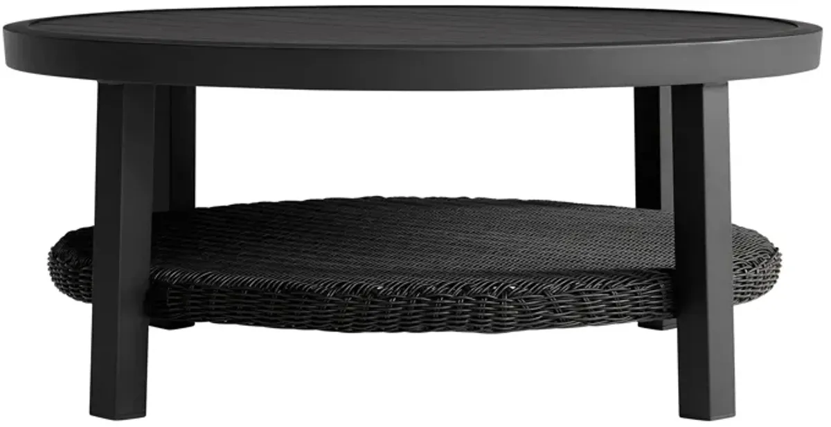 Grand Black Aluminum Outdoor Round Conversation Table with Wicker Shelf