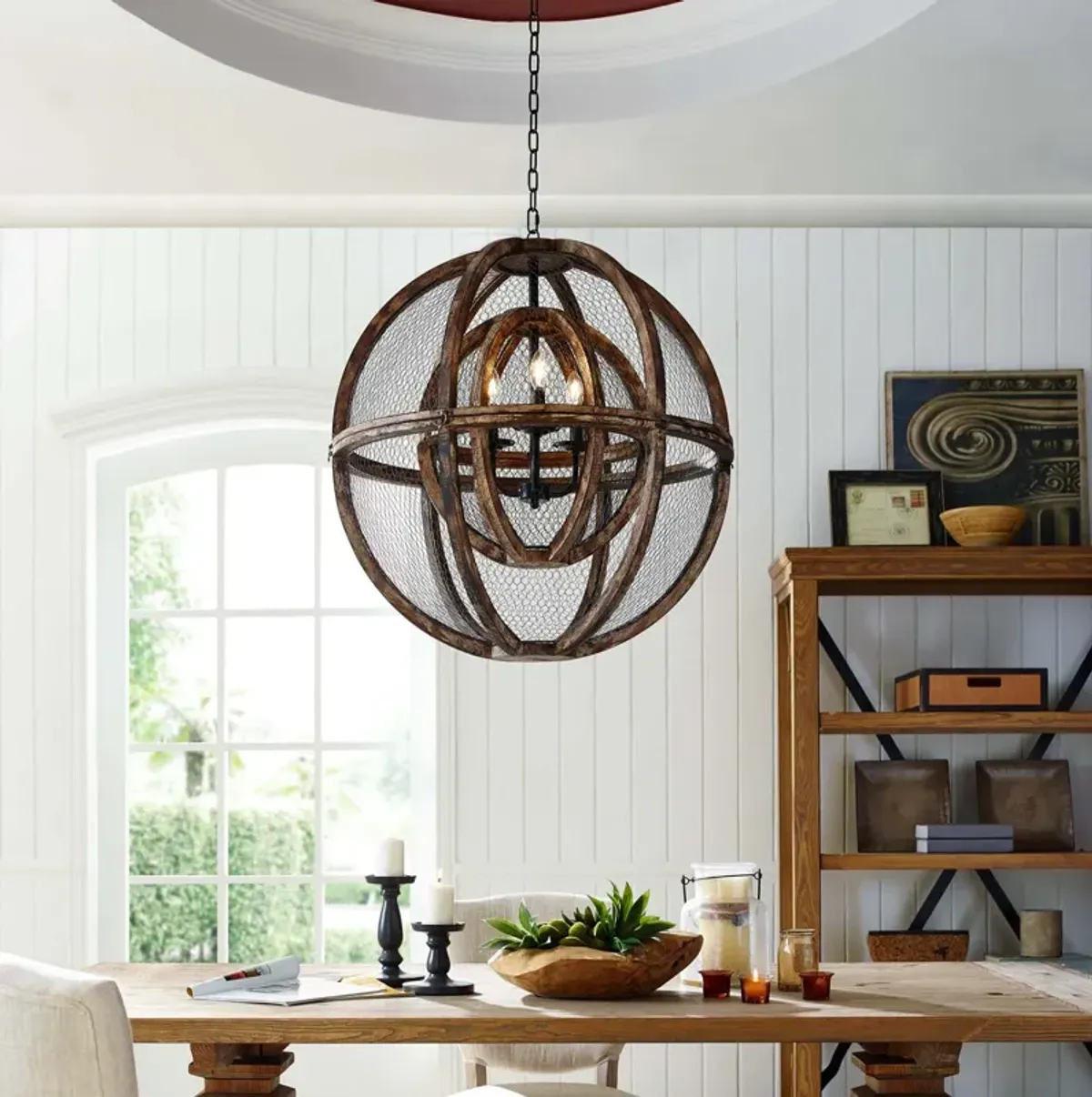 Gravitate Globe Rustic Oak Wood Pendant Light Chandelier