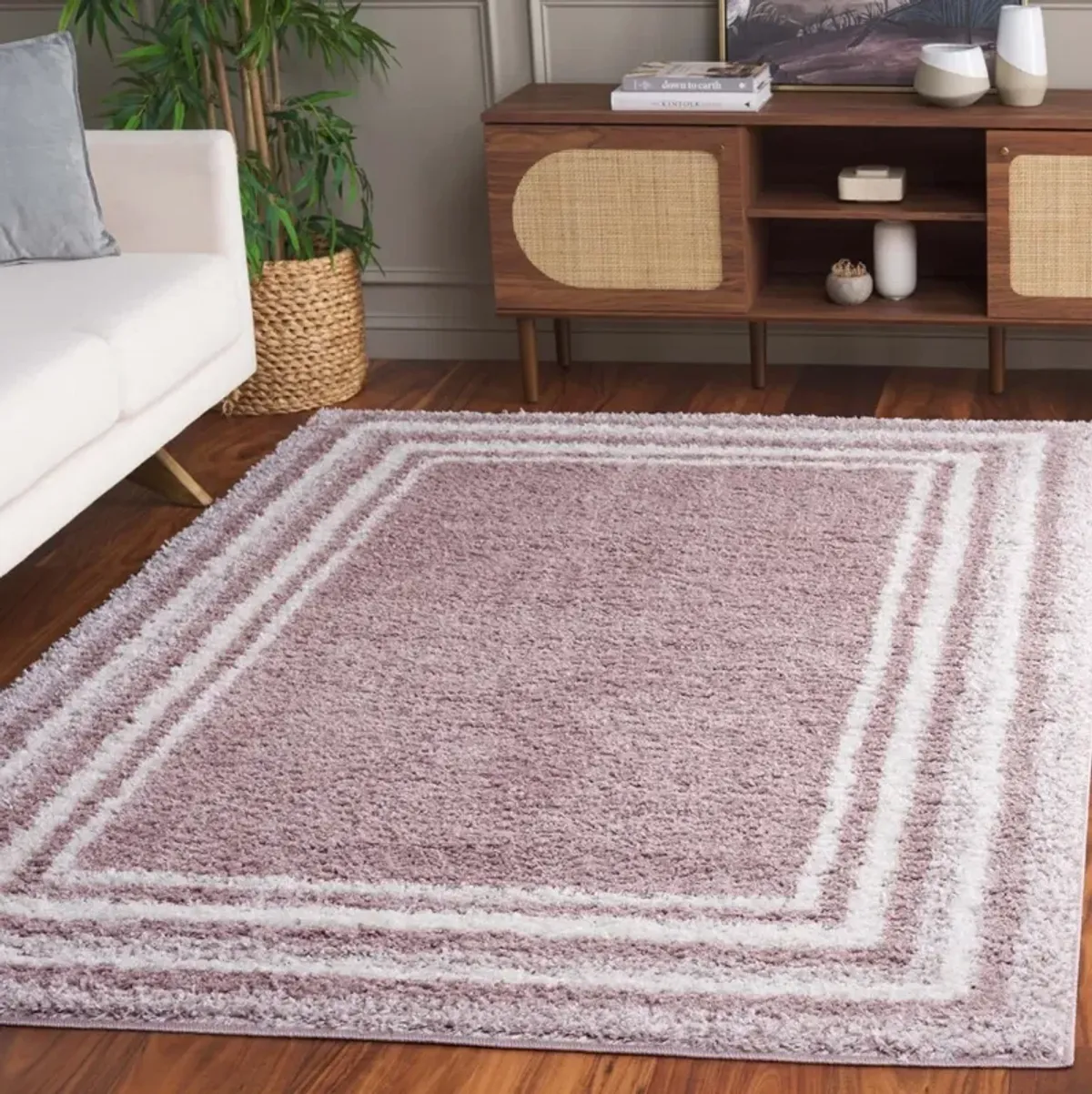 BORDER & STRIPE SHAG 251 Pink 9' X 12' Large Rectangle Rug