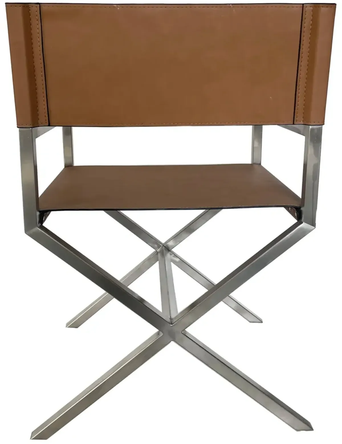 One Modern Coastal Director's Dining Arm Chair in Cognac and Brushed Stainless Steel