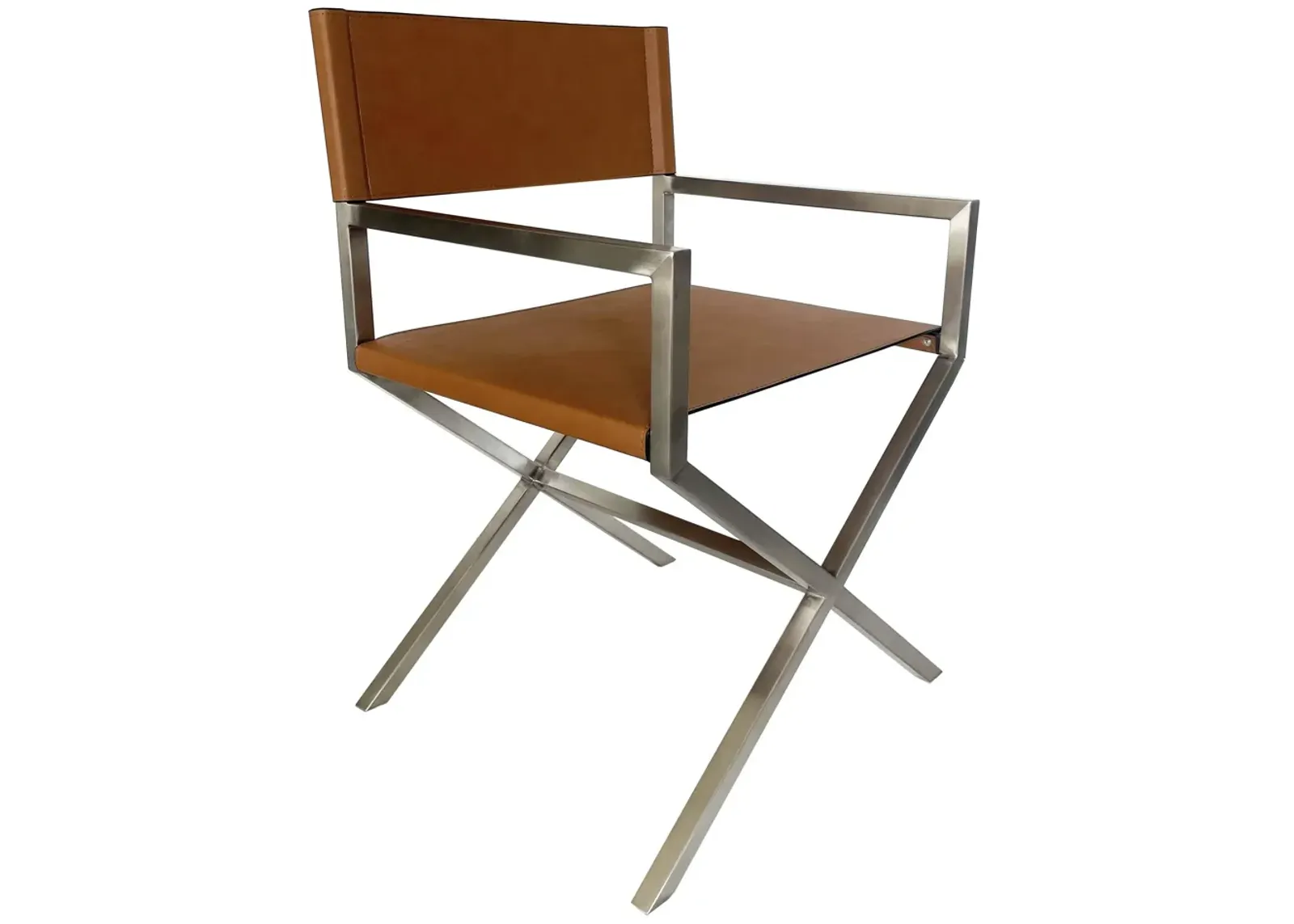 One Modern Coastal Director's Dining Arm Chair in Cognac and Brushed Stainless Steel