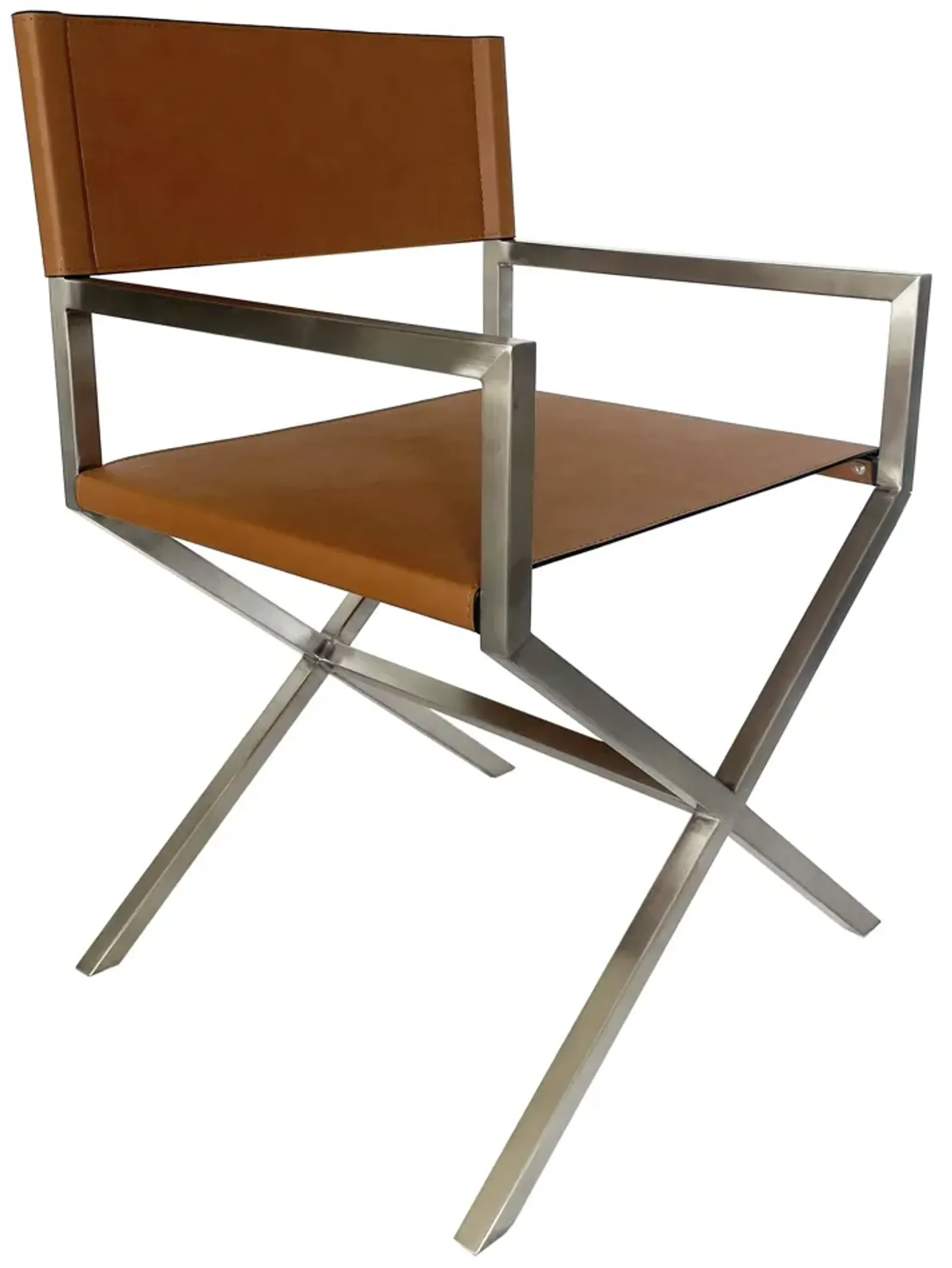 One Modern Coastal Director's Dining Arm Chair in Cognac and Brushed Stainless Steel