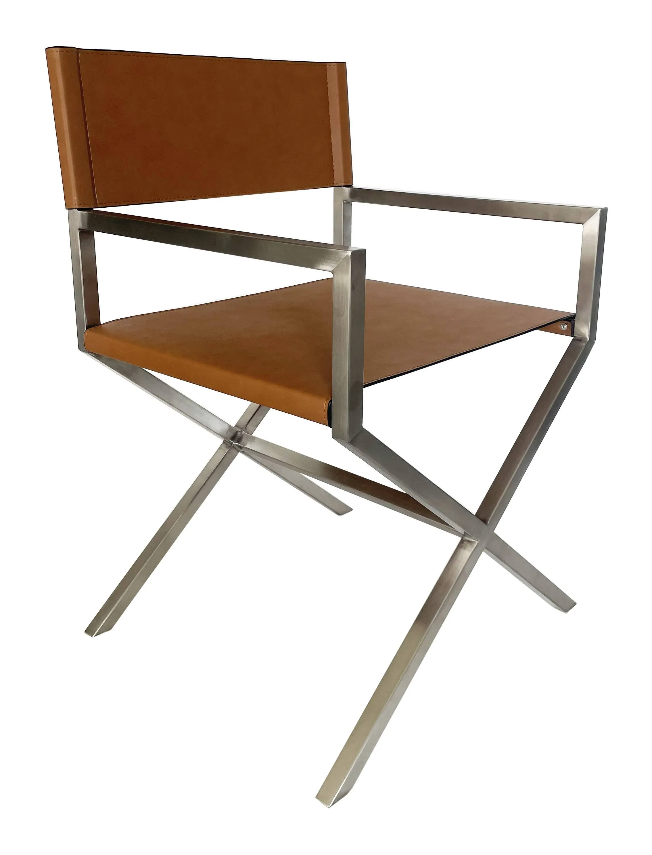 One Modern Coastal Director's Dining Arm Chair in Cognac and Brushed Stainless Steel