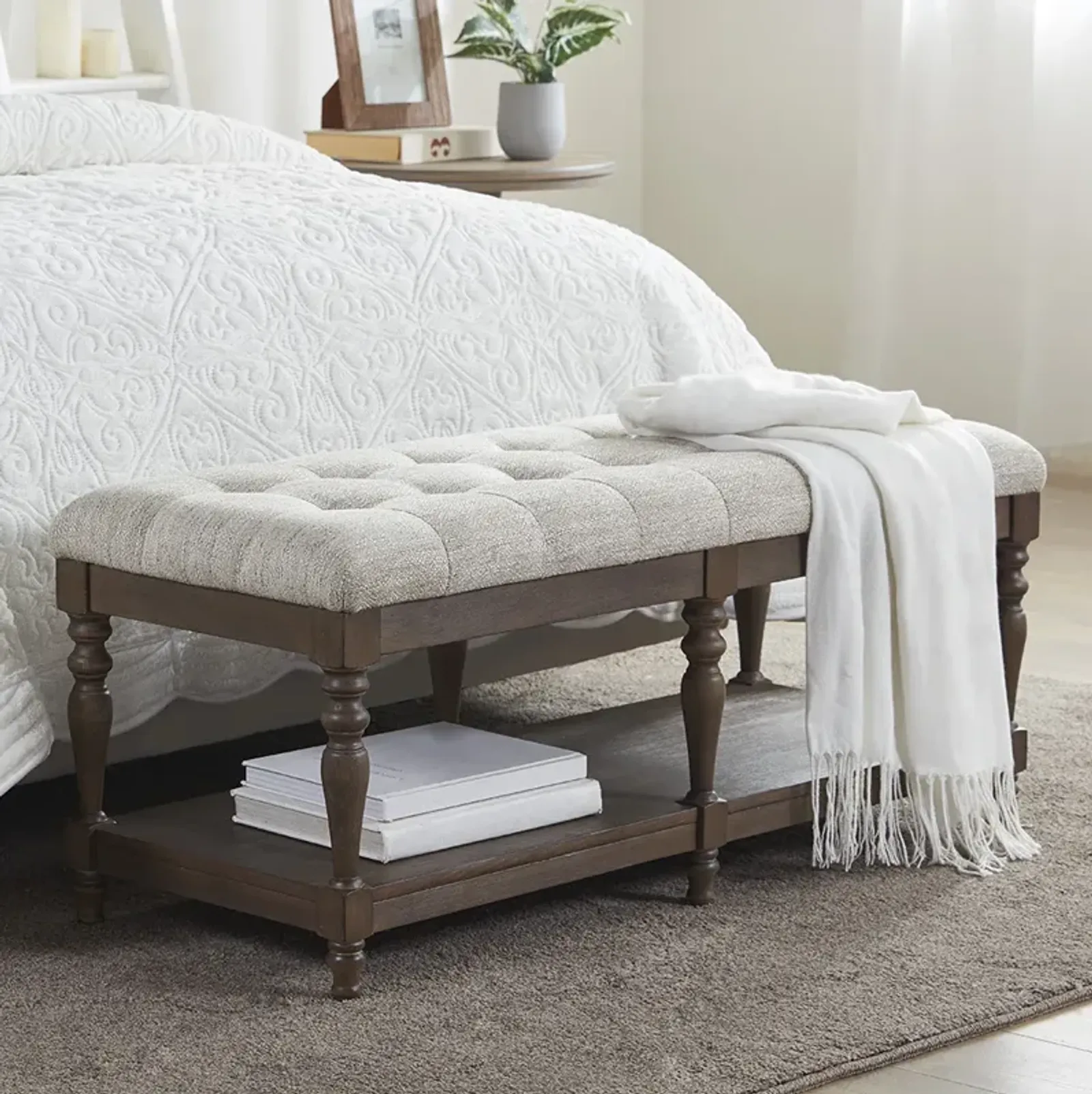 Martha Stewart Highland Ivory Tufted Accent Bench with Shelf