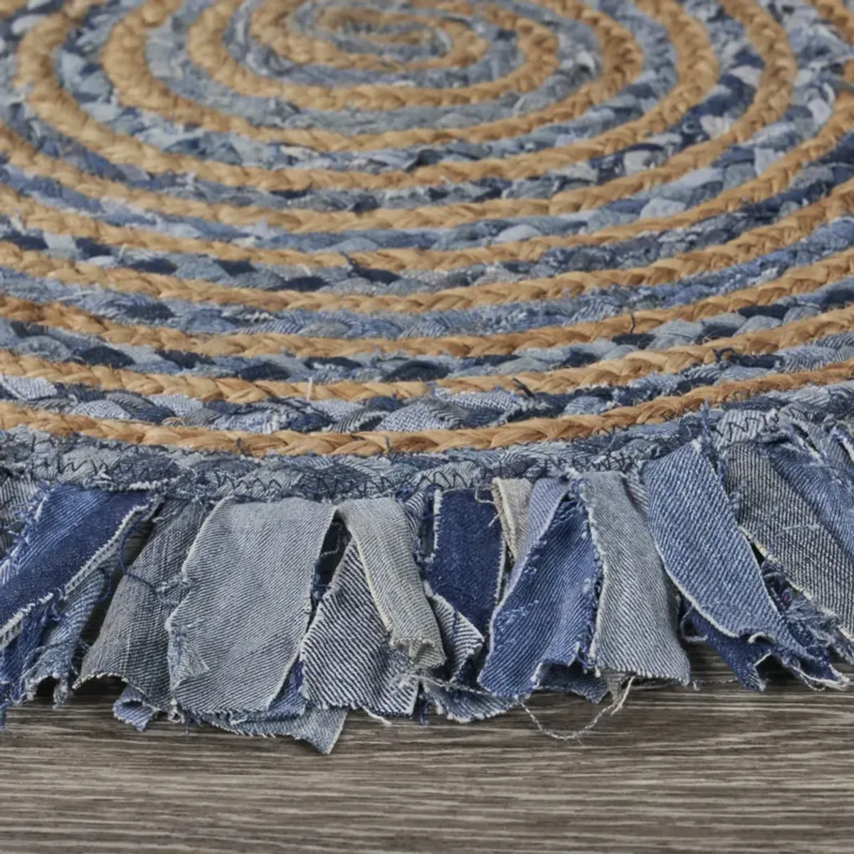 Nature Denim Blue Braided Chindi Cotton Blend Indoor Round Area Rug 3'6"