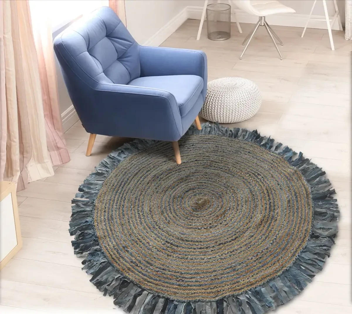 Nature Denim Blue Braided Chindi Cotton Blend Indoor Round Area Rug 3'6"