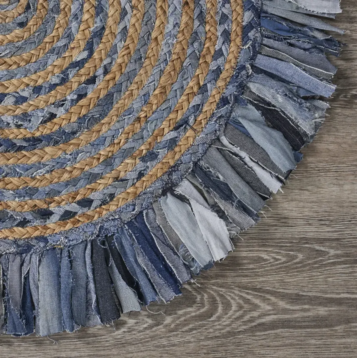 Nature Denim Blue Braided Chindi Cotton Blend Indoor Round Area Rug 3'6"