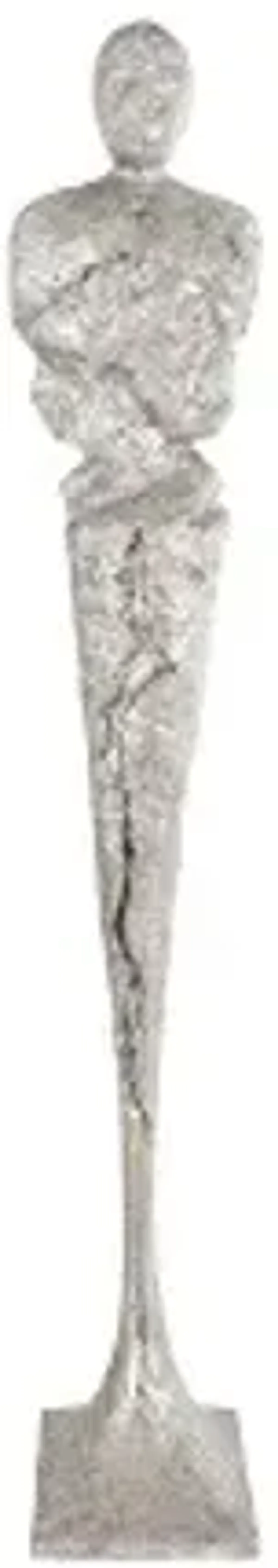 tall chiseled male sculpture, resin, silver leaf