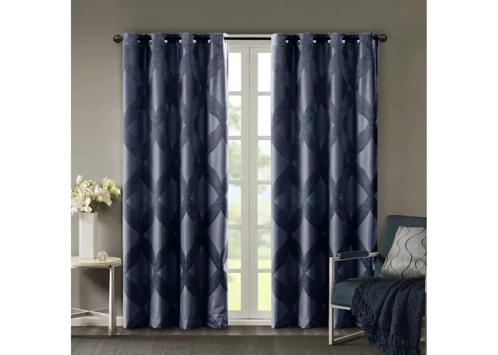 SunSmart Bentley Navy Ogee Knitted Jacquard Total Blackout Curtain Panel