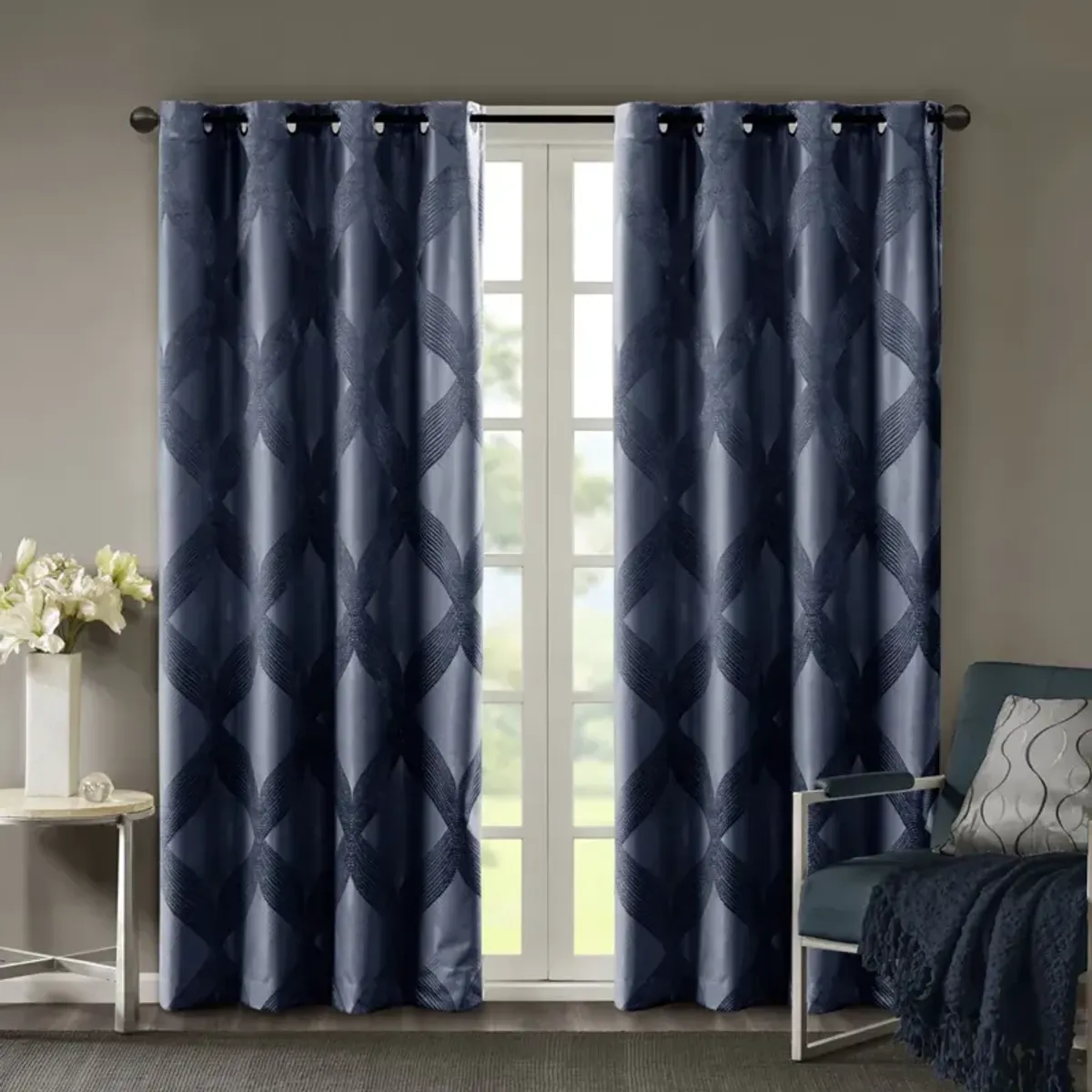 SunSmart Bentley Navy Ogee Knitted Jacquard Total Blackout Curtain Panel