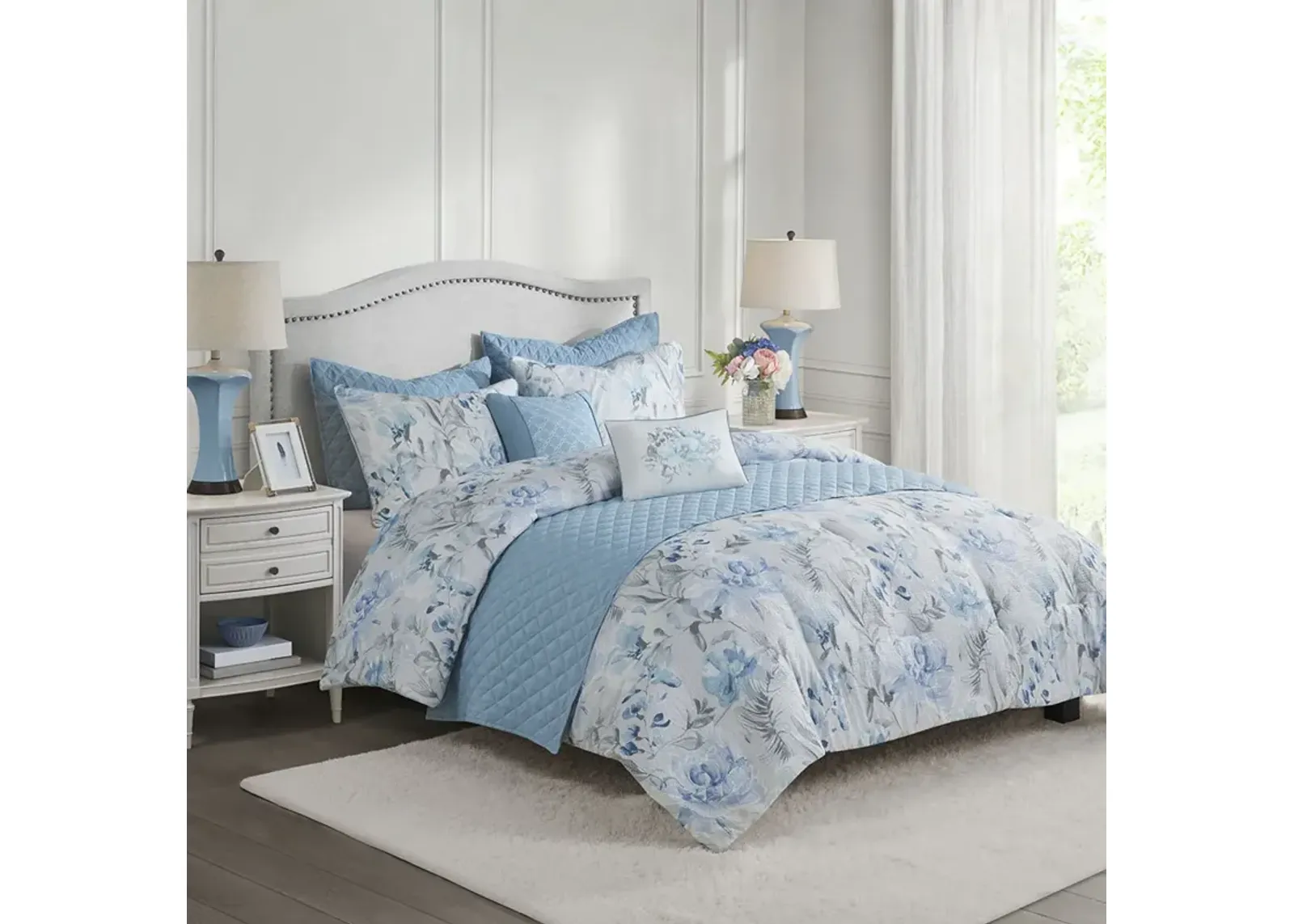 Madison Park Pema Blue 8 Piece Printed Seersucker Comforter and Quilt Set Collection