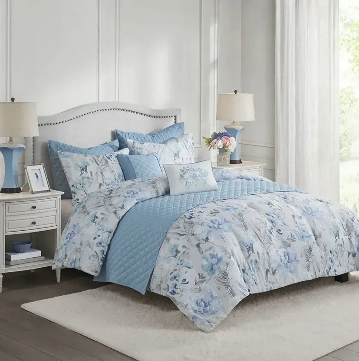 Madison Park Pema Blue 8 Piece Printed Seersucker Comforter and Quilt Set Collection