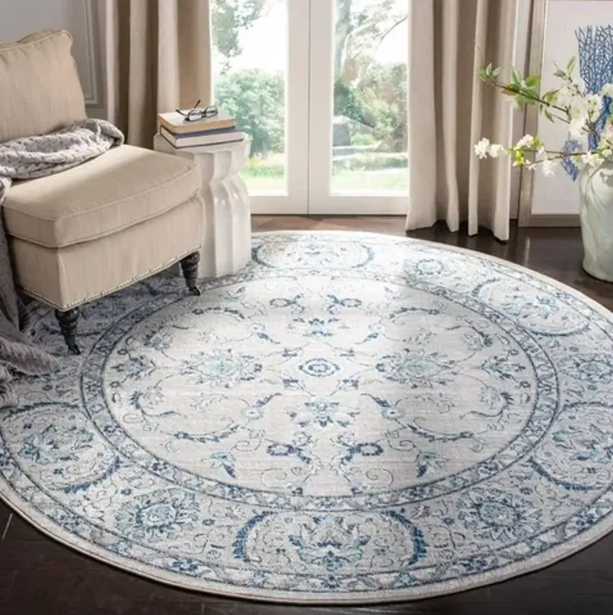 Brentwood 854 Light Grey / Blue 3' X 3' Round Round Powerloomed Rug