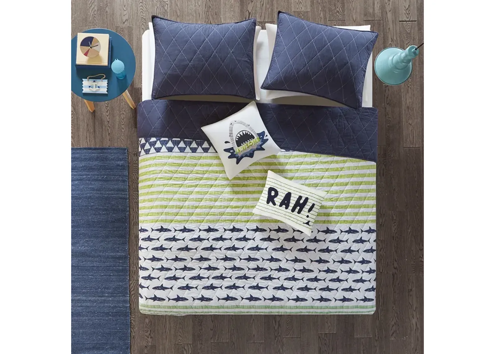 Urban Habitat Kids Finn Green / Navy Shark Reversible Cotton Quilt Set with Throw Pillows