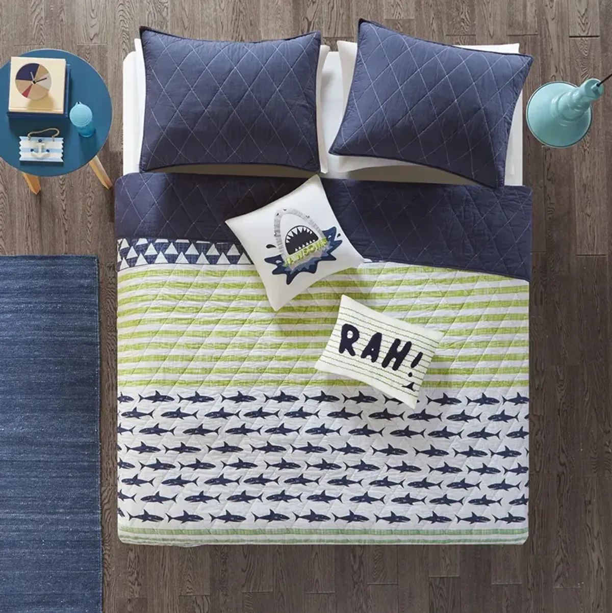 Urban Habitat Kids Finn Green / Navy Shark Reversible Cotton Quilt Set with Throw Pillows