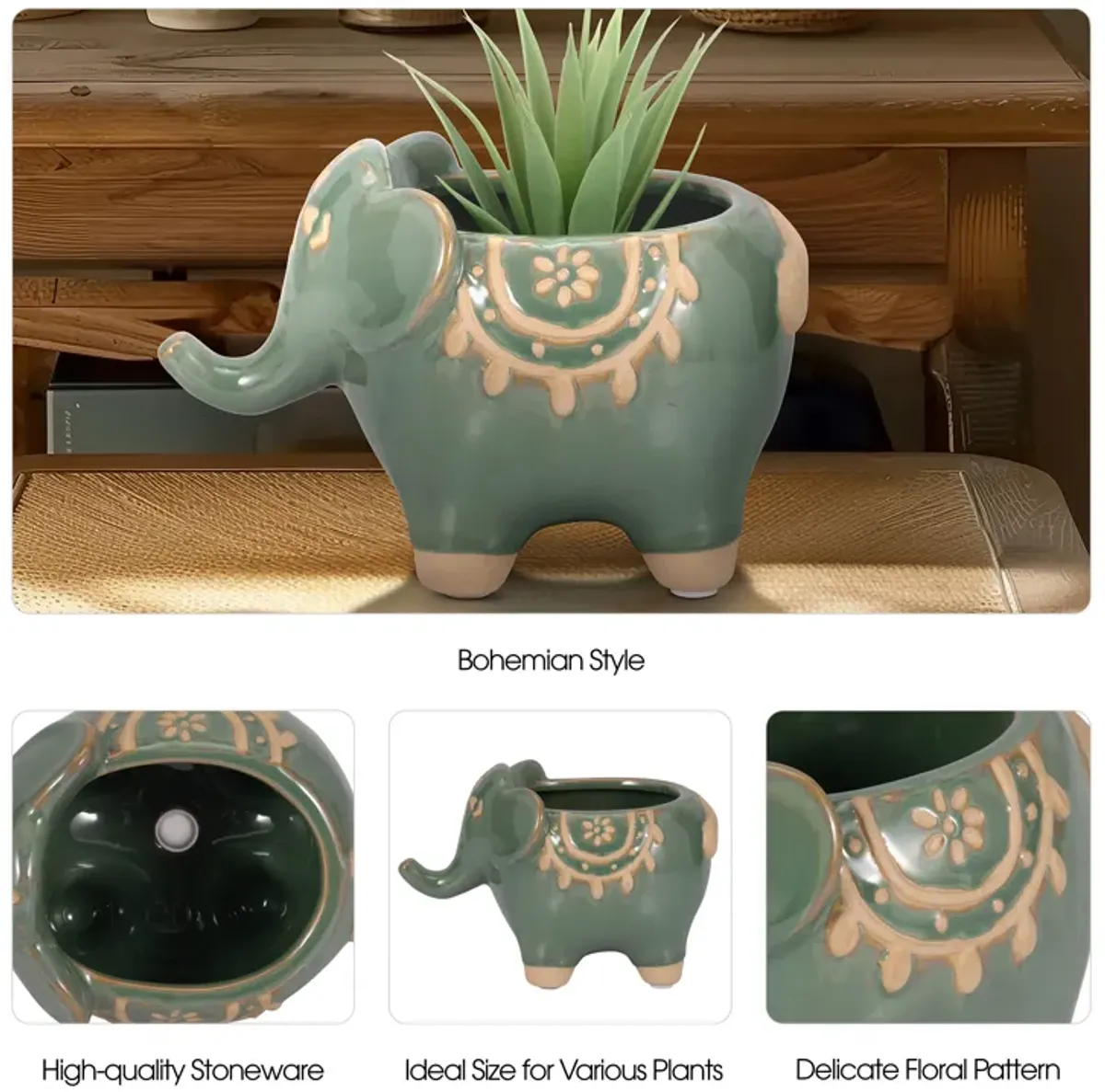 7" Elephant Planter, Green