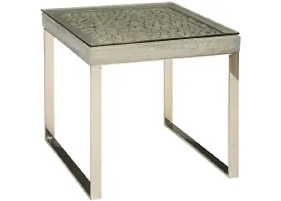 driftwood side table, wood, glass, stainless steel base, scaff finish