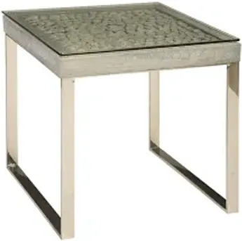 driftwood side table, wood, glass, stainless steel base, scaff finish