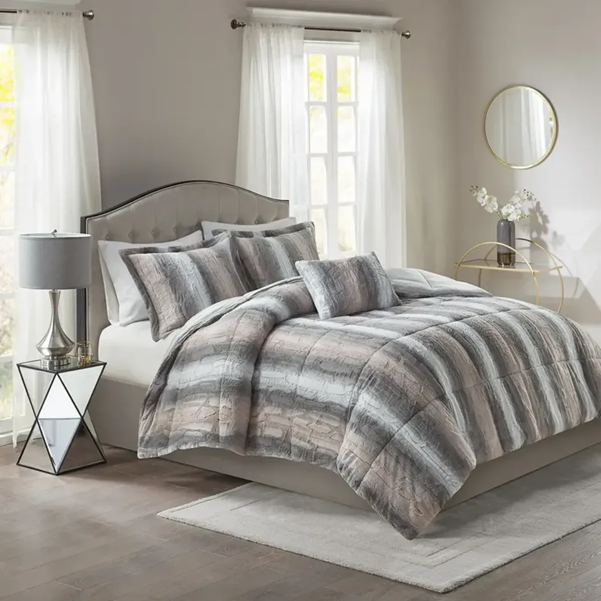 Madison Park Zuri Blush/Grey 4PC Faux Fur Comforter Set