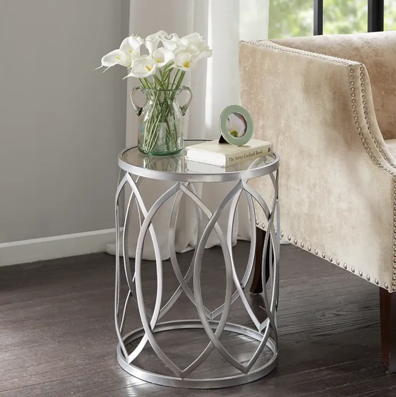 Madison Park Arlo Grey Metal Eyelet Accent Table