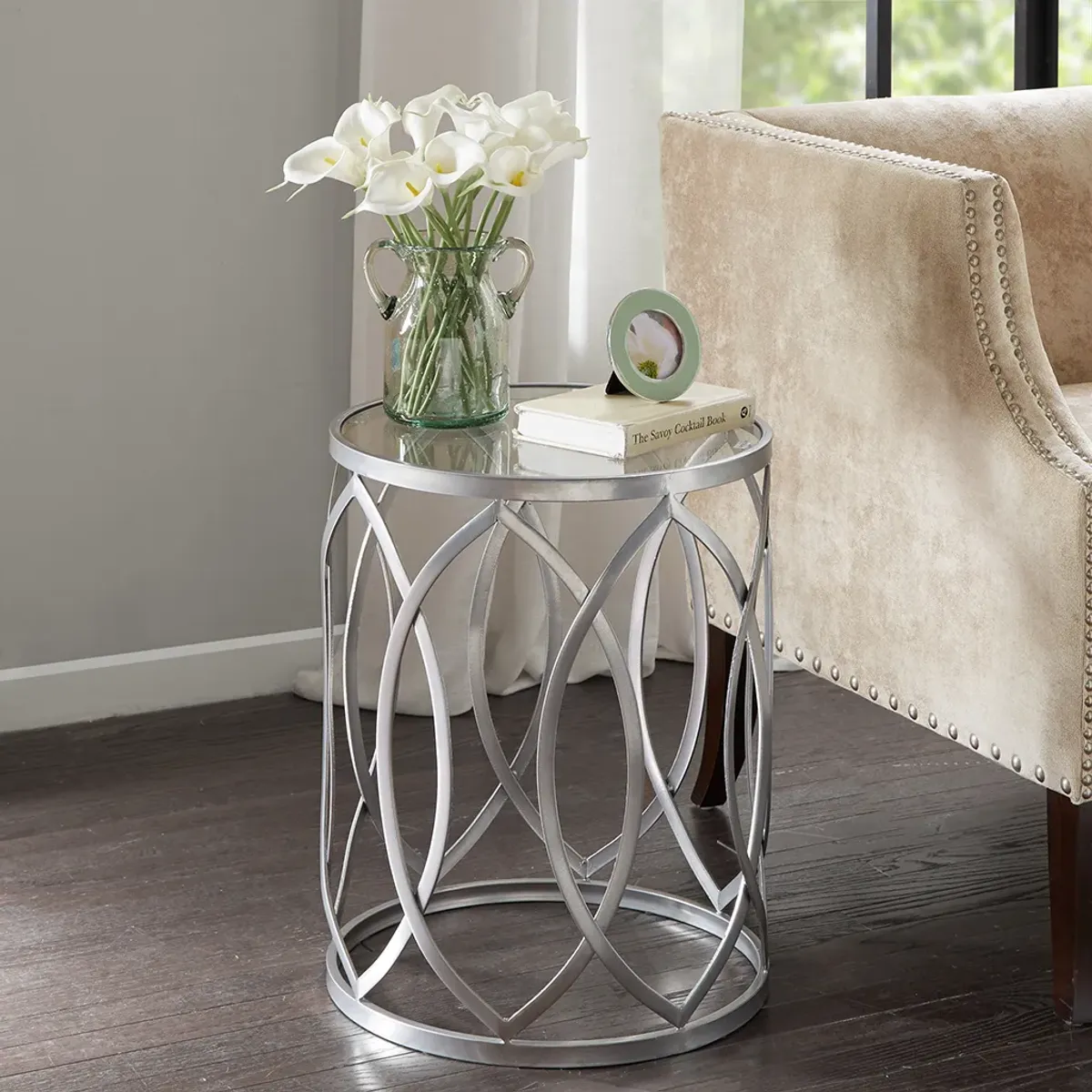 Madison Park Arlo Grey Metal Eyelet Accent Table