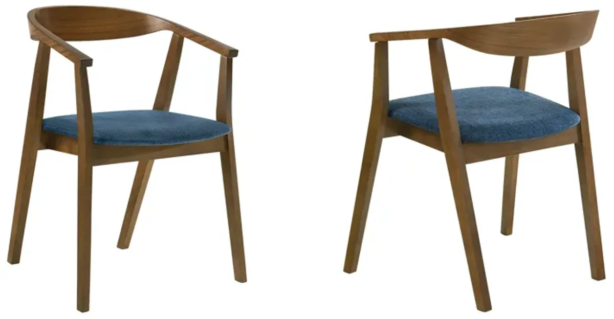 Santana Wood Dining Chair in Walnut Finish with Blue Fabric - Set of 2