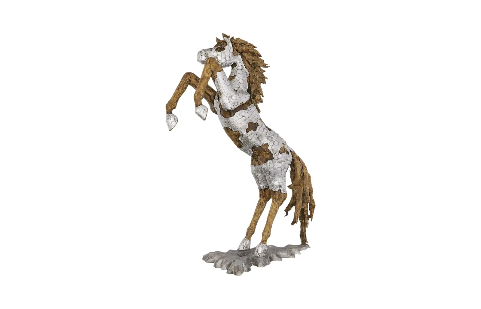 Mustang Horse Armored Sculpture, Rearing, Wood Base