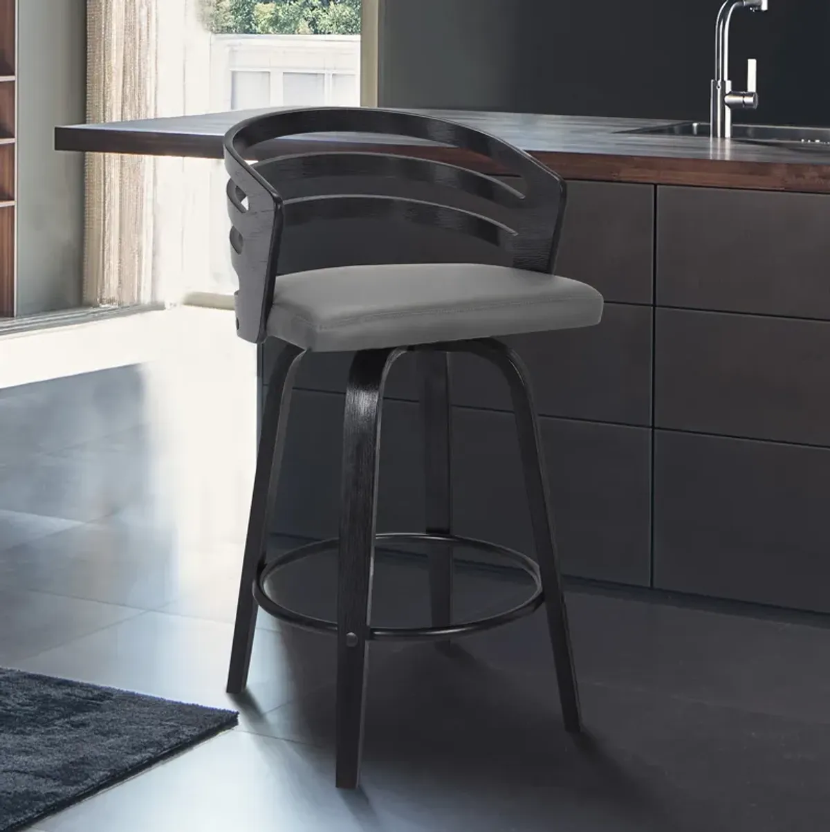 Jayden 26" Counter Height Swivel Grey Faux Leather and Black Wood Bar Stool