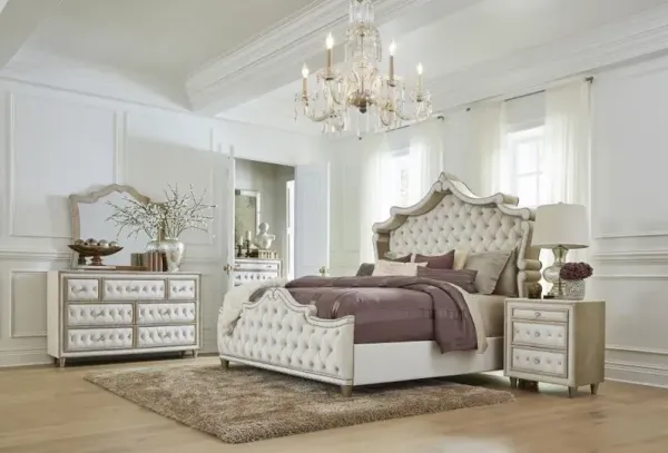 Antonella 5-Piece Eastern King Upholstered Tufted Bedroom Set Ivory and Camel