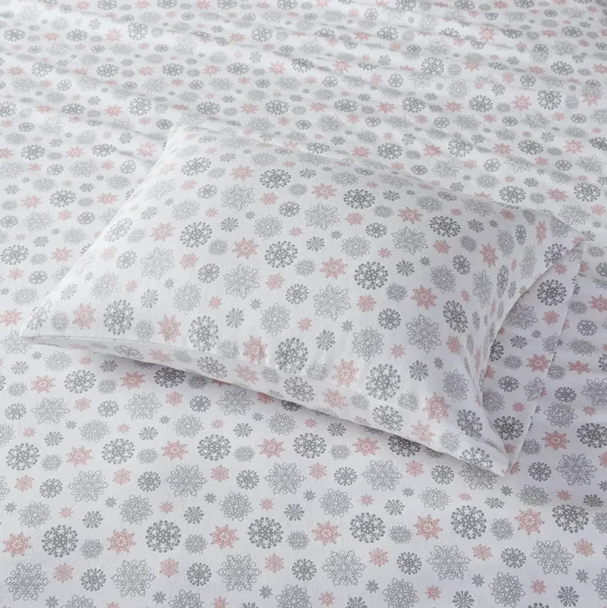 True North by Sleep Philosophy Cozy Flannel Pink/Grey Snowflakes Printed Sheet Set