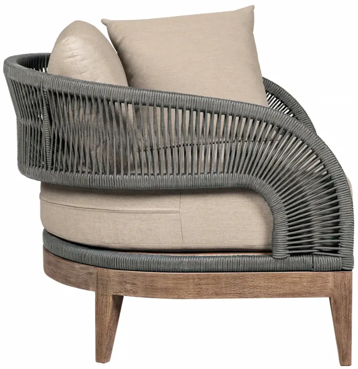 Orbit Outdoor Patio Chair in Weathered Eucalyptus Wood with Gray Rope and Taupe Olefin Cushions