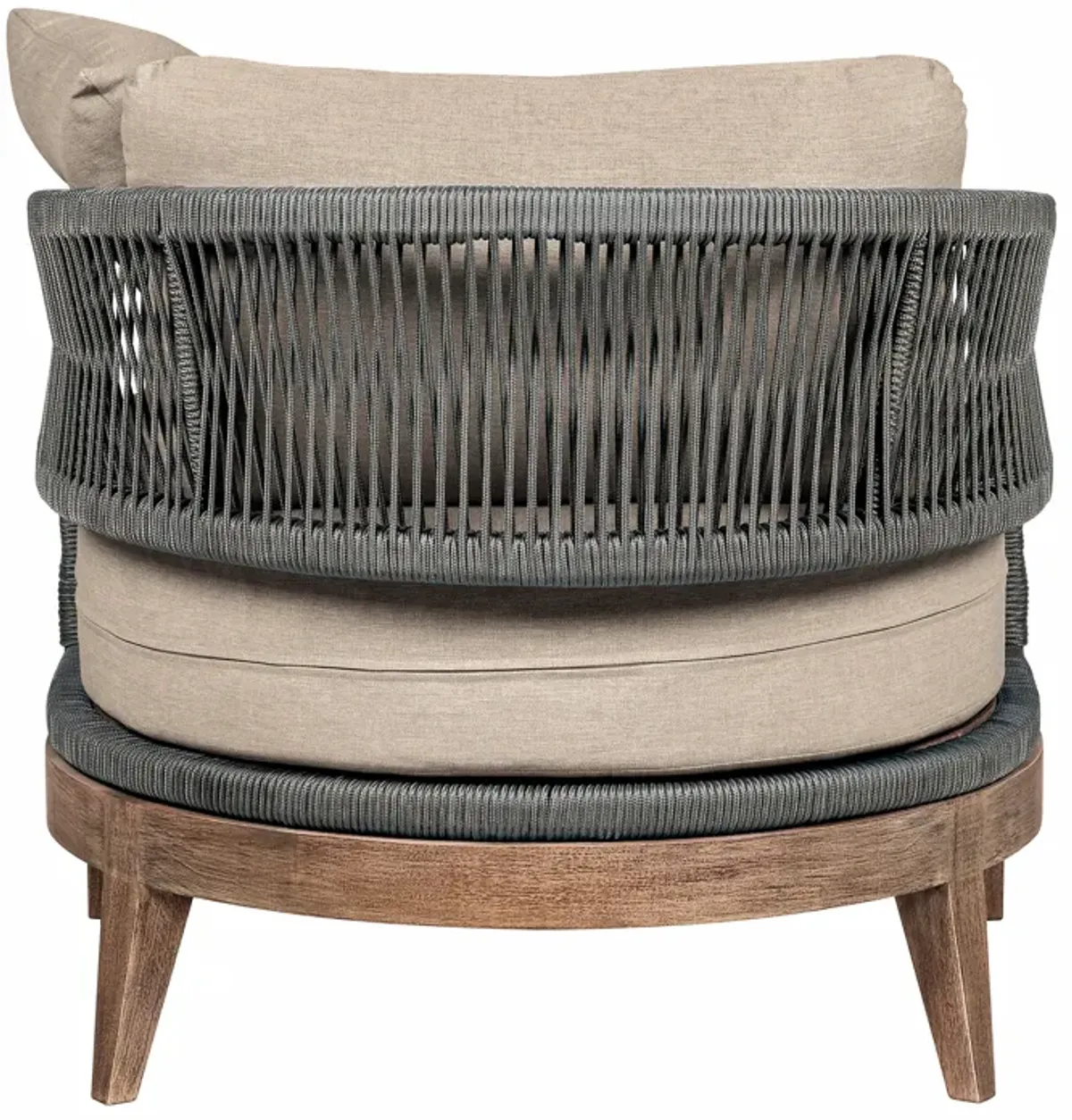 Orbit Outdoor Patio Chair in Weathered Eucalyptus Wood with Gray Rope and Taupe Olefin Cushions