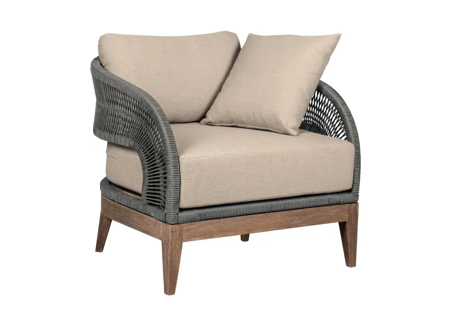 Orbit Outdoor Patio Chair in Weathered Eucalyptus Wood with Gray Rope and Taupe Olefin Cushions