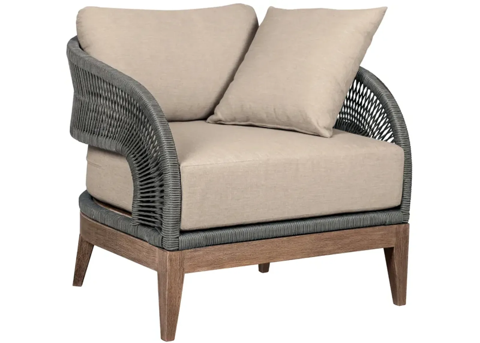 Orbit Outdoor Patio Chair in Weathered Eucalyptus Wood with Gray Rope and Taupe Olefin Cushions