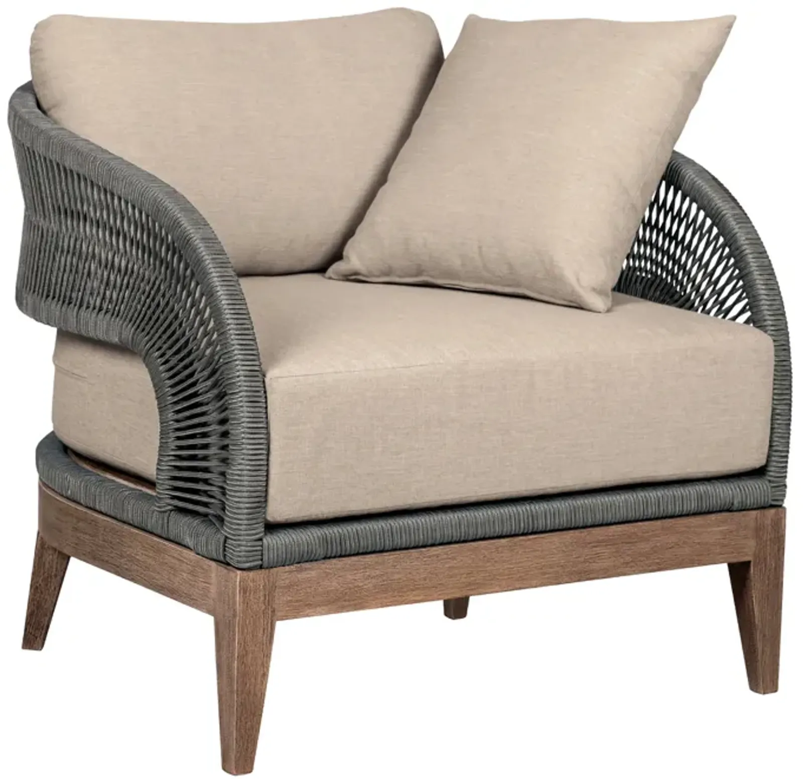 Orbit Outdoor Patio Chair in Weathered Eucalyptus Wood with Gray Rope and Taupe Olefin Cushions