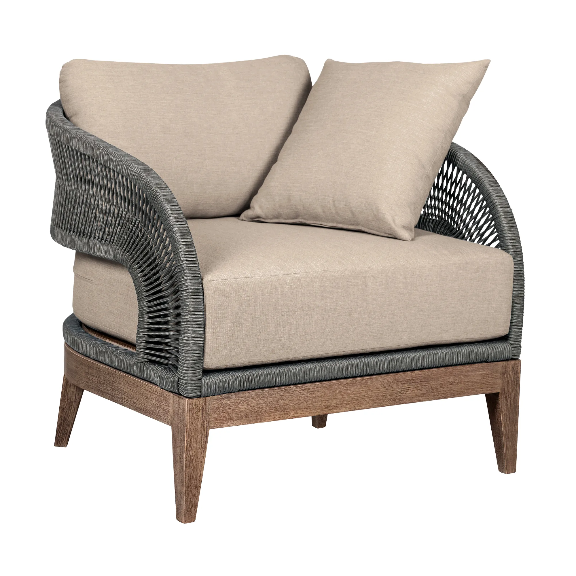 Orbit Outdoor Patio Chair in Weathered Eucalyptus Wood with Gray Rope and Taupe Olefin Cushions