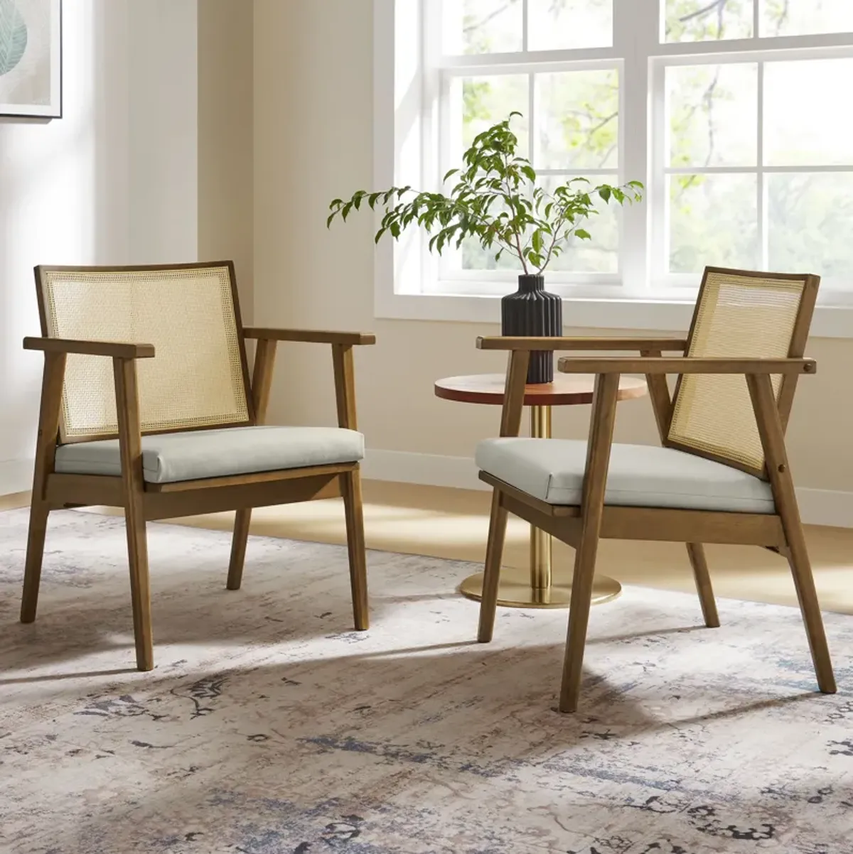 Thera Vegan Leather and Cane Accent Armchairs Set of 2 by Modway