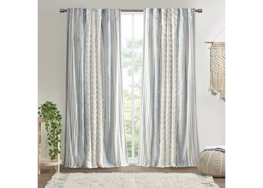 INK+IVY Imani White/Navy Cotton Printed Curtain Panel with Chenille Stripe and Lining