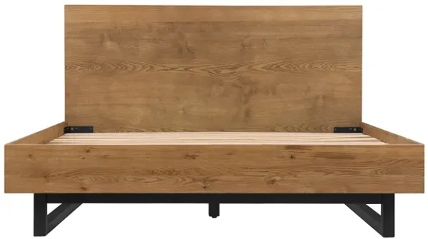 Aldo Queen Size Brown Oak Wood Platform Bed Frame with Black Metal Legs